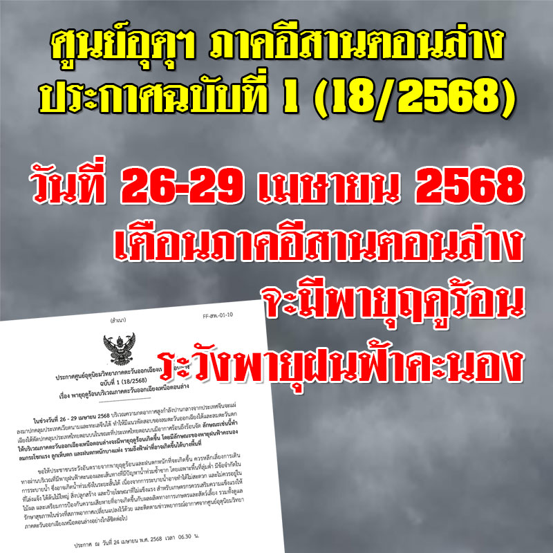 เตือนภาคอีสานตอนล่าง จะเกิดพายุฤดูร้อน 26-29 เม.ย.68