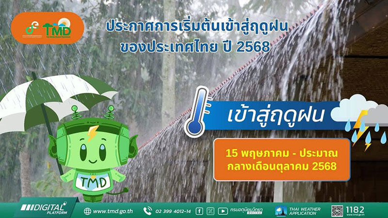 อุตุฯ ประกาศฤดูฝนของประเทศไทย ปี 2568 เริ่มต้นวันที่ 15 พ.ค.