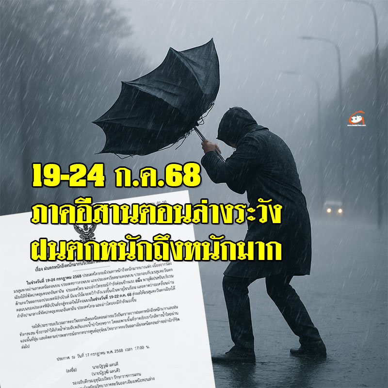 ประกาศ ฉ.1 อีสานตอนล่างระวังฝนตกหนักถึงหนักมาก 19-24 ก.ค.68