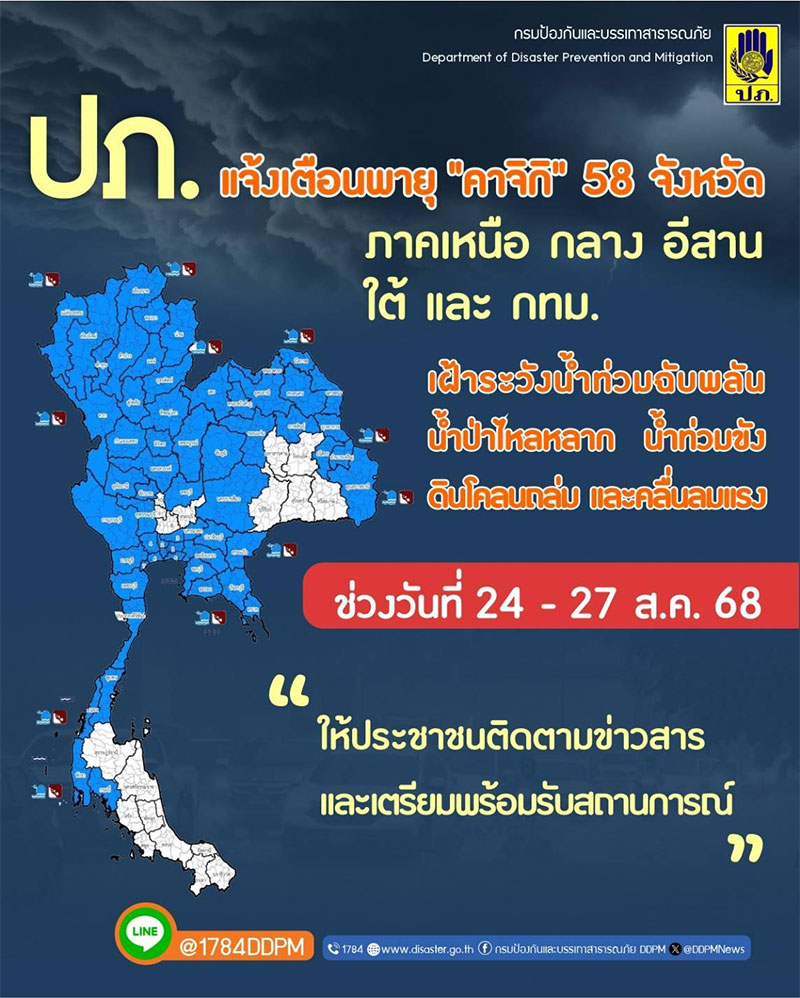 ปภ. แจ้งเตือนพายุ "คาจิกิ" 58 จังหวัด