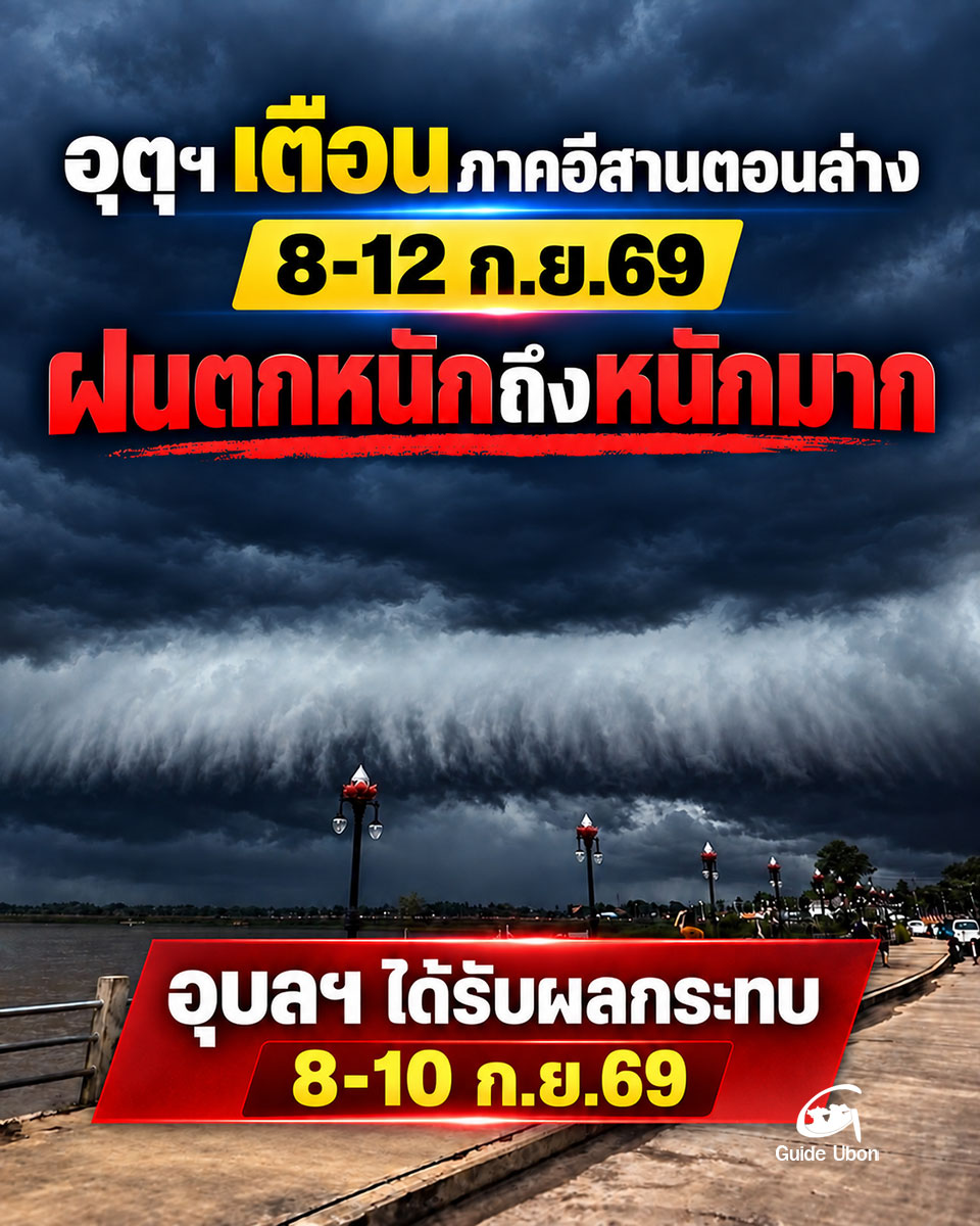 อุตุฯ เตือนภาคอีสานตอนล่าง 8-12 ก.ย.69 ฝนตกหนักถึงหนักมาก